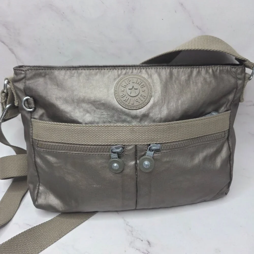 Kipling Angie Metallic Crossbody Bag Shimmer Gray Purse